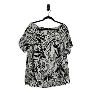 NWT Tahari‎ Black and Cream Leaf Print Short Sleeve Linen Blouse Size 1X